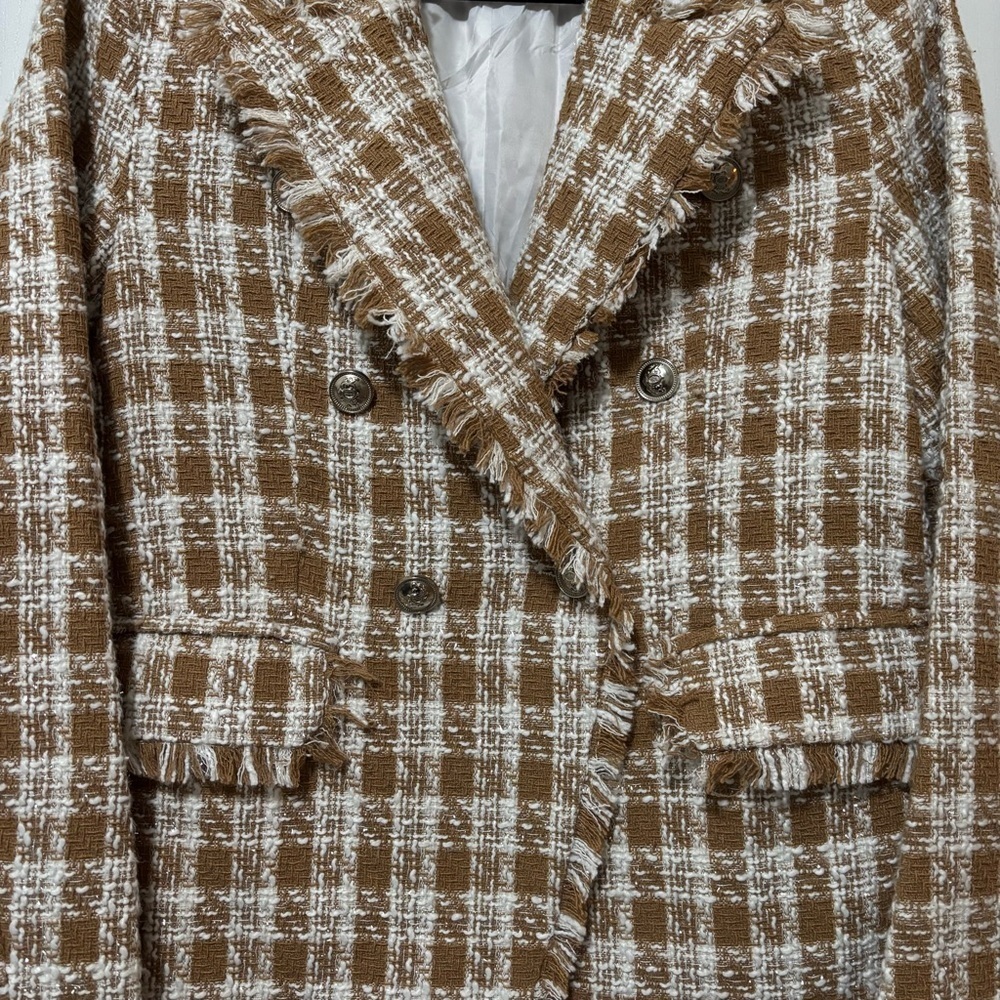 SHEIN Clasi Women's Plaid Brown and White Double Breasted blazer/jacket - Picture 3 of 6